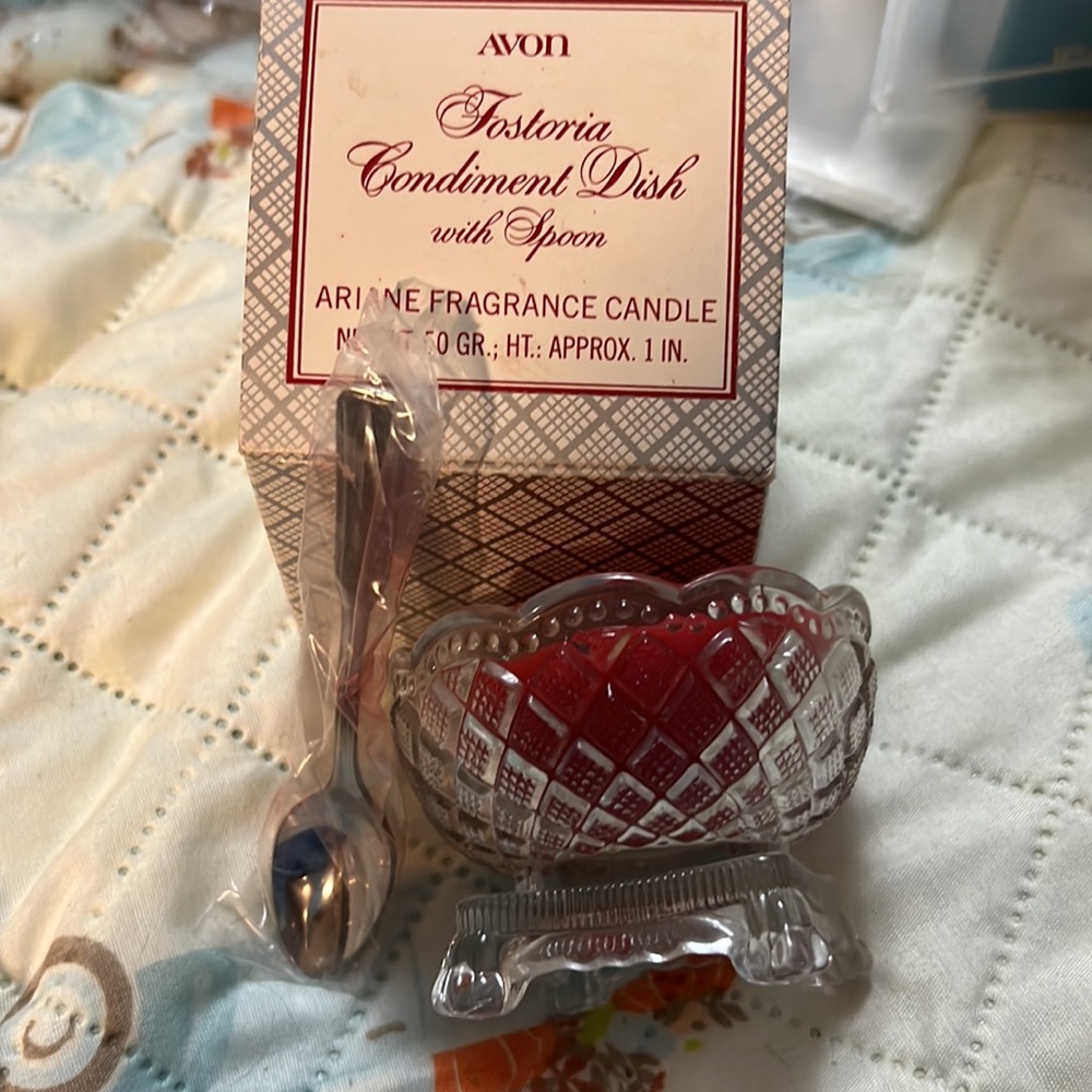 1981 Avon Fostoria Crystal Glass Condiment Dish with Spoon Relish Dish NOS Rare